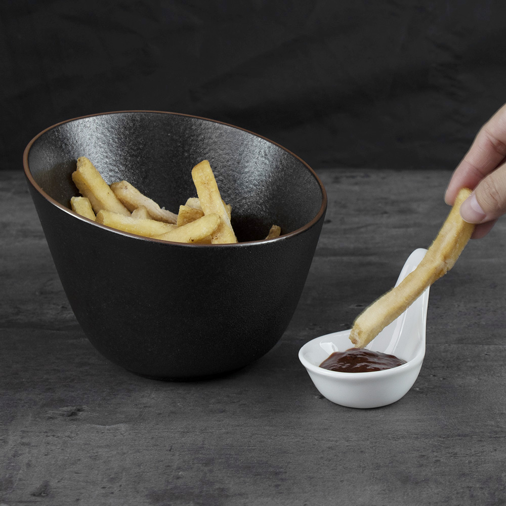 Schräge Schüssel aus Keramik, schwarzer Porzellan-Snackteller, Pommes-Frites-Gerichte, Schüsseln