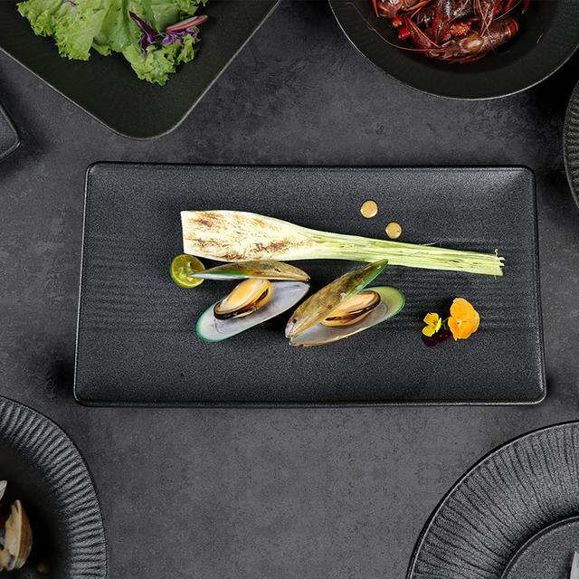 Rechteckiger Porzellanteller, neues Design, matt mattierter schwarzer Restaurantteller