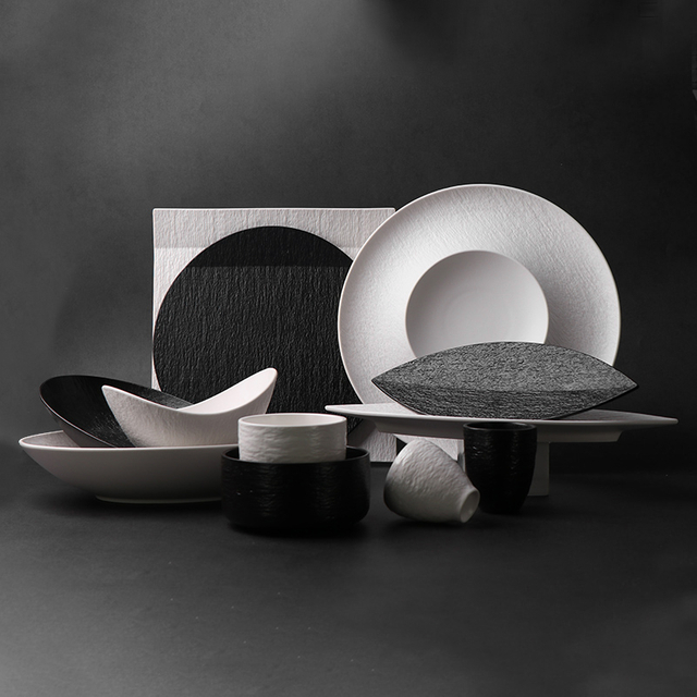 Steinzeug-Geschirrset, schwarz-weiß-matte Porzellanteller-Set-Kollektion