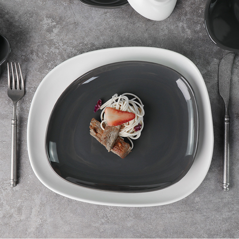 Porzellangeschirr Eestaurant Terr Swirl Marks Grau Mattweiß Unregelmäßiger quadratischer Teller 