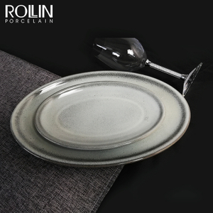 Reaktive Glasur, ovaler Teller, Porzellangeschirr, Keramikteller für Restaurants, 35,6 cm