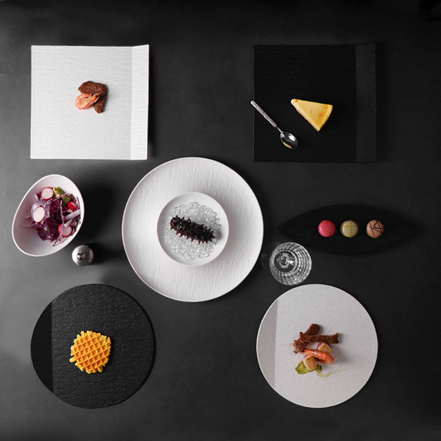 Schwarz-weißes Porzellan-Geschirr-Set, Restaurant-Teller-Set