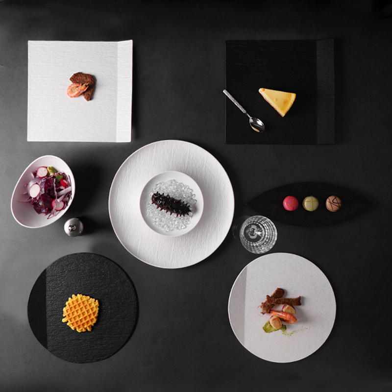 Steinzeug-Geschirrset, schwarz-weiß-matte Porzellanteller-Set-Kollektion