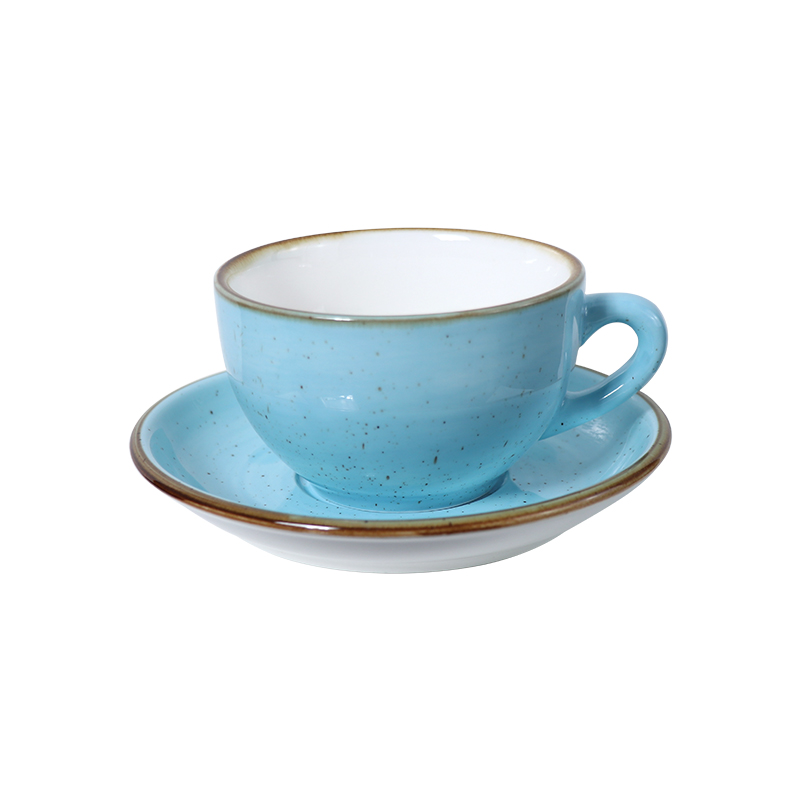 Blaues Steingut-Kaffeetassen-Set mit Untertasse
