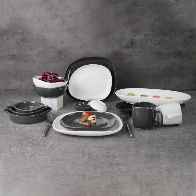 Schwarz-weißes Keramikgeschirr, rechteckiger Restaurant-Essteller – Porzellan, 34 cm
