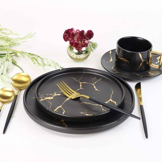 China-Geschirr, runder Gold-Schwarz-Marmor, günstiger Massengeschirrteller, Speiseteller für Restaurants, 10-Zoll-Speiseteller