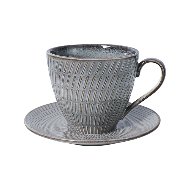 5-Unzen-Kaffeetasse und Untertassen aus grauem Porzellan zu verkaufen