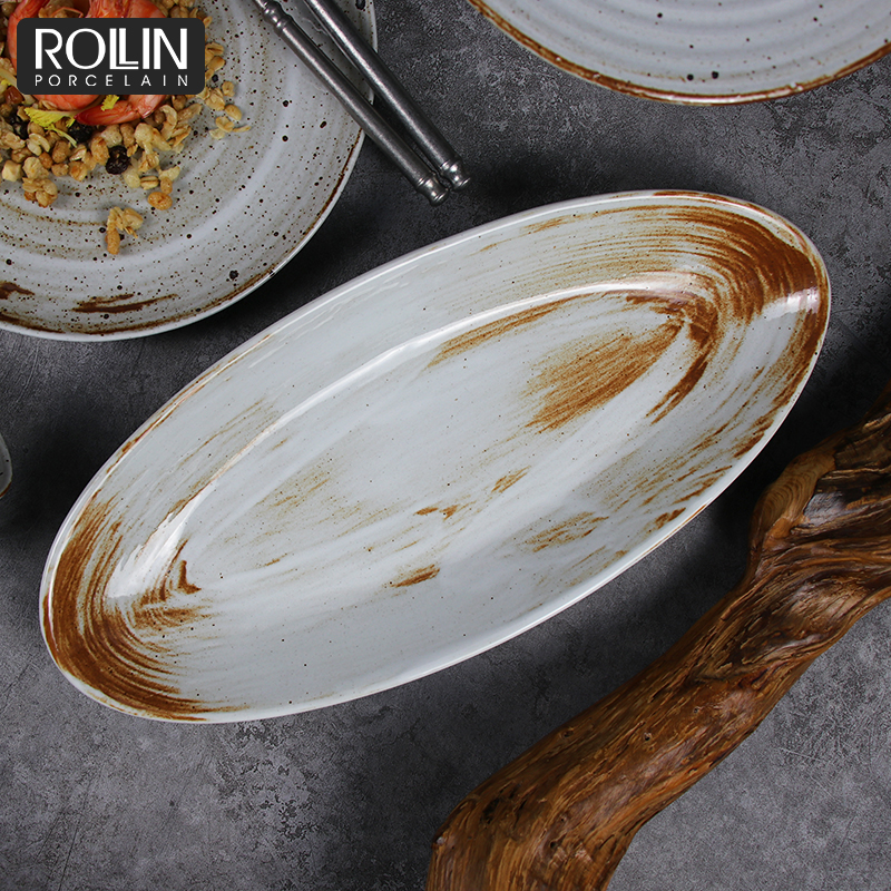 Maßgeschneiderte Teller, Porzellangeschirr, Keramik-Abendessen, Teller, ovale Keramikteller, Restaurant
